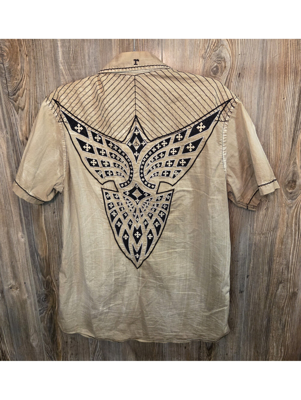 Roar Signature S/S Button Shirt Size Med Rodeo Tribal Embroidered - Khaki Tan